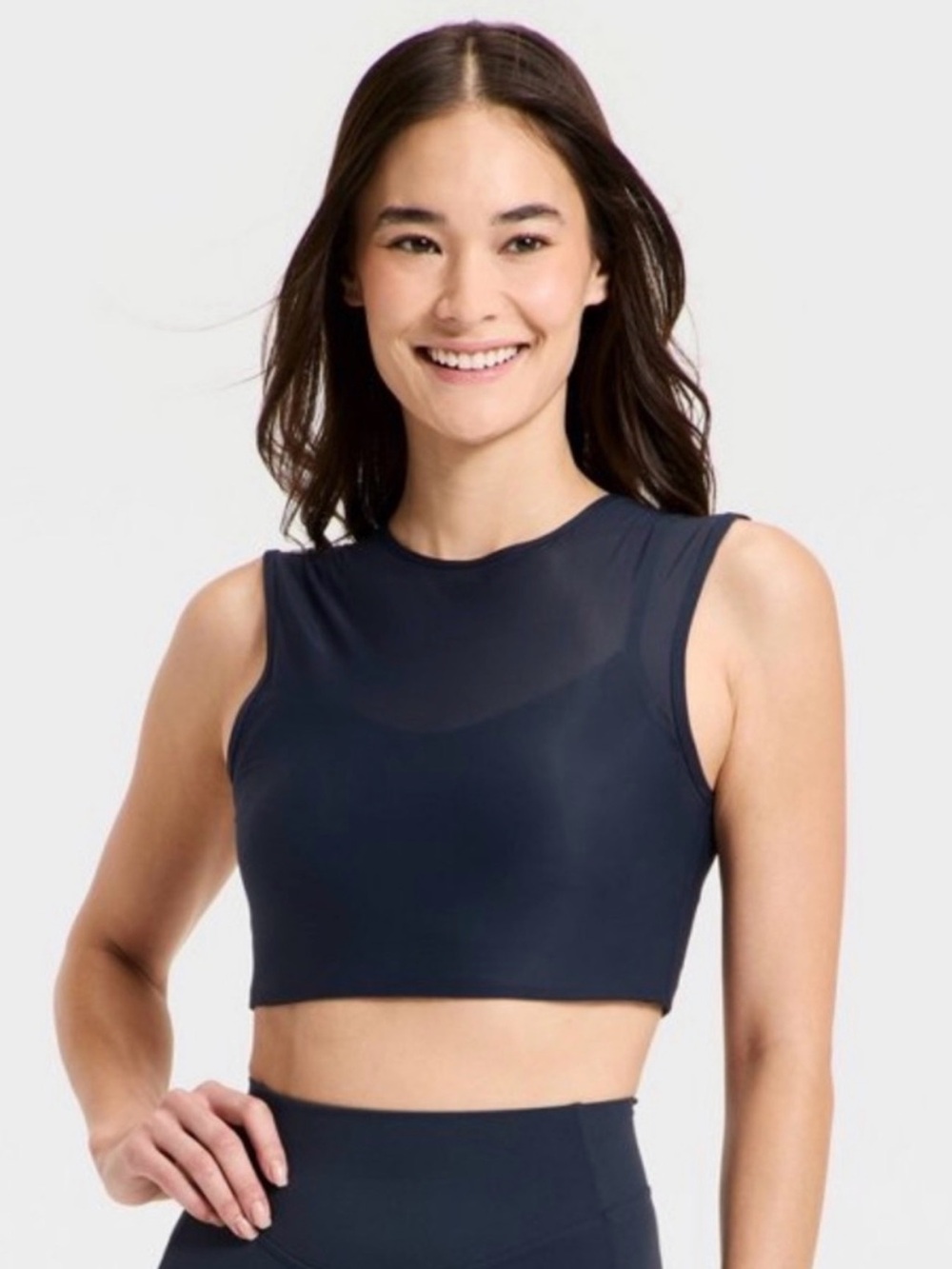 Navy High-Neck Mesh Sports Bra